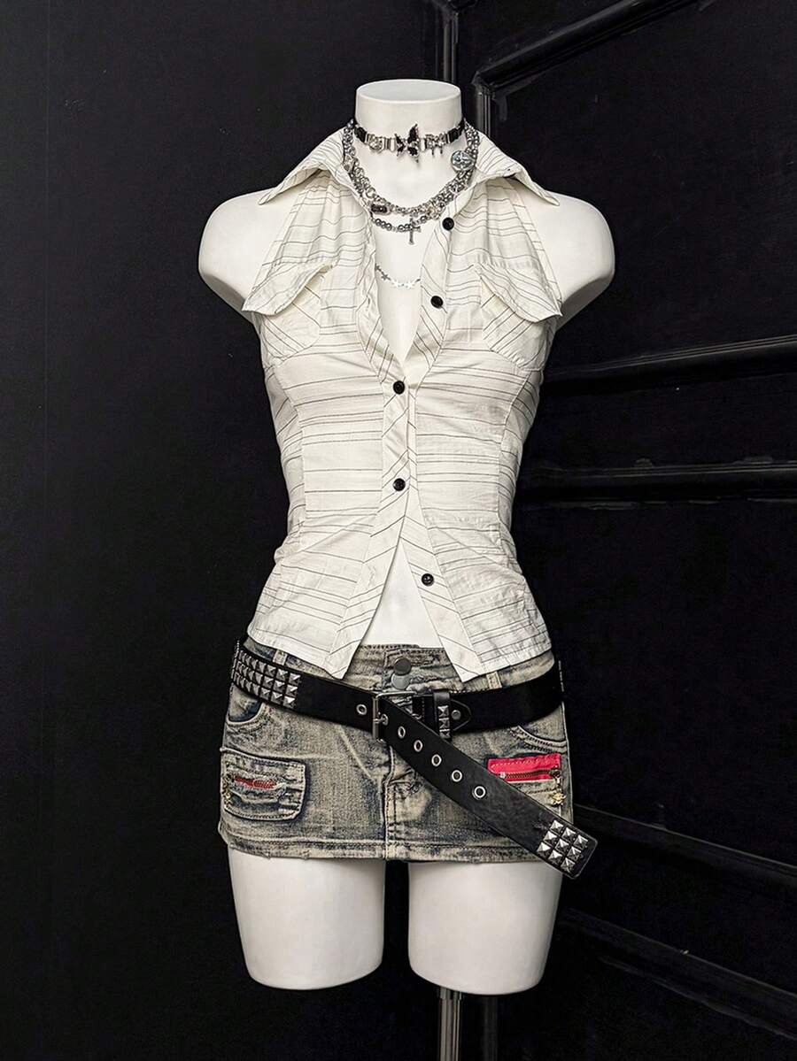 SHEIN DivaQ 女士条纹单排扣口袋设计吊带衬衫 - 黑與白 - 查看 1