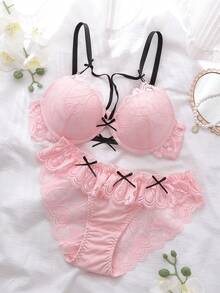 女士优雅蝴蝶结蕾丝内衣套装 - 粉色 - 查看 6
