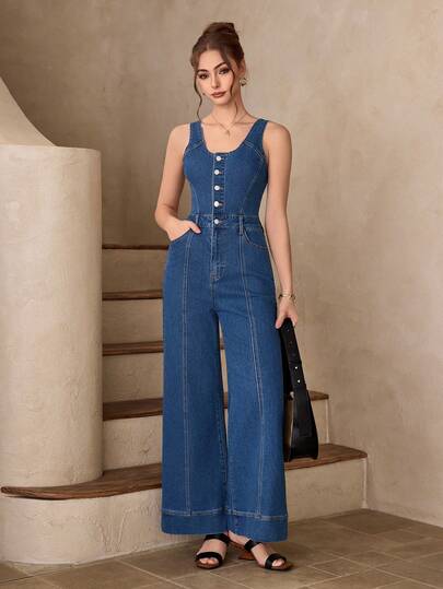 Selenza Women's Casual Fitted Sexy & Elegant Denim Jumpsuit