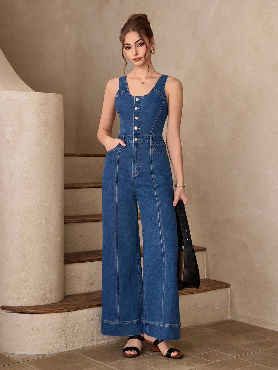 Selenza Women's Casual Fitted Sexy & Elegant Denim Jumpsuit - Medium Wash - View 1