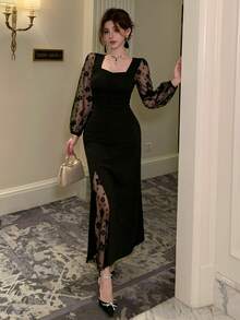 DAZY Women's Black Floral Spring And Summer Elegant Seductive Dining Organza Ditsy Lace Dress,Valentine's Day Wedding Party Sheer Mesh Long Sleeve Midi - Black - View 5
