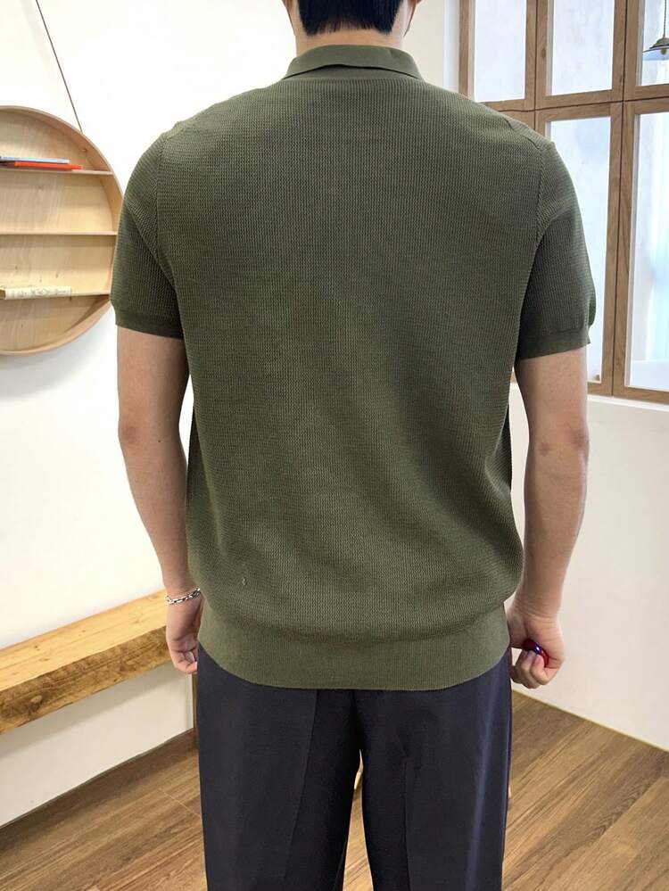 Men's Solid Color Military Green V-Neck Knit Top, Summer