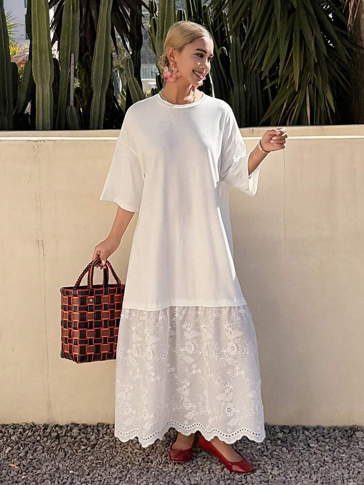 Women's Round Neck Short Sleeve Loose Long Vacation Style Lace Patchwork Casual Long Dress Summer