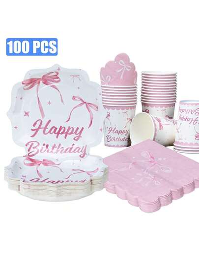粉色领结生日快乐花瓣形一次性餐盘、餐巾纸和杯子，粉色领结生日快乐花瓣形餐盘、餐巾纸和杯子派对用品，适合25位客人，一次性纸盘派对餐具，适合生日、婚礼、派对和家庭野餐