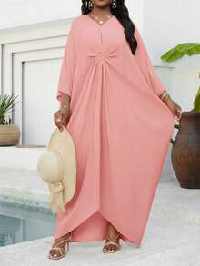 SHEIN Lady Plus Size Women's Dusty Pink Modest Kaftan Dress,Summer Loose Robe For Al-Adha,Tea Party,Bridal Shower,Vacation Beach Swimsuit Cover Up,Long Robe Fall - Pink - View 5