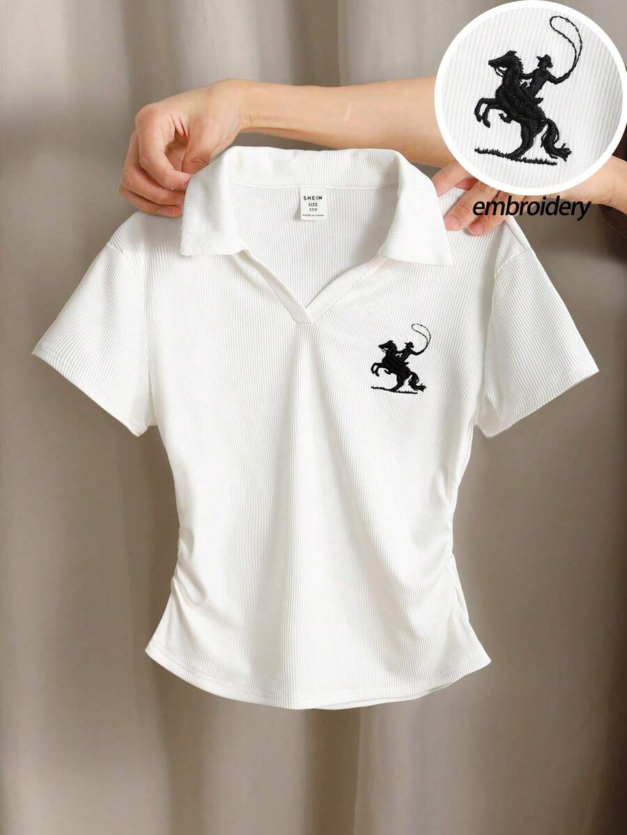 SHEIN Tween Girl Spring/Summer Casual Horse Racing Embroidered Ribbed Polo Collar T-Shirt, White - White - View 1