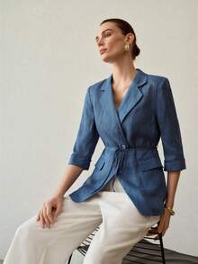 MOTF PREMIUM FASHIONABLE LINEN LIGHTWEIGHT LOOSE FIT BLAZER FOR WOMEN - Blue - View 5