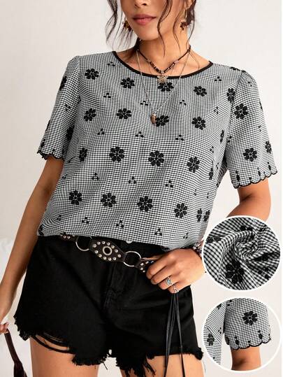 Freevana Plus Size Women Casual Round Neck Plaid Jacquard Embroidered Short Sleeve Shirt