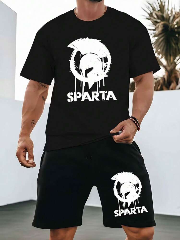 It Includes 2 Pieces For Men: Short-Sleeved T-Shirt With A Stylized Helmet Design And Teardrop Effect, Short Pants Coordinated With The Same Motif, Bold And Energetic Urban Style For A Look With A Rebellious Attitude And Sports Passion. - 黑色 - 查看 5