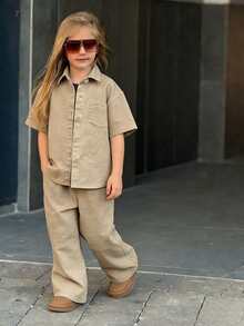 Dazy Kids 年轻女孩休闲日常通勤时尚街头风简约纯色落肩宽松牛仔衬衫搭配阔腿牛仔裤套装，秋/春季 - 卡其色 - 查看 3