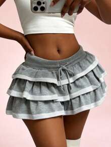 SHEIN SXY 大码撞色荷叶边松紧腰抽绳休闲半身裙 - 灰色 - 查看 7