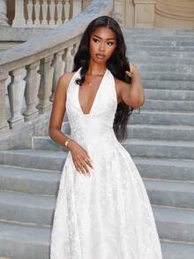 Mima John Glamine Vintage 3D Embossed Floral Print V-Neck Sleeveless A-Line Dress For Women White Elegant Dress Elegant White Dress Satin White Dress Elegant Women's Jacquard Satin Halter Tie-Up Party Dress, Fit For Daily Wear, Dating, Outing, Nightclub, Party, Princess Style With Bow Accent, Autumn Dress, Halloween Costume,Summer Dresses For Women,White Graduation Dress,Backless Dress White Evening Gown White Halter Dress White Midi Dress - White - View 2