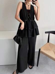FRIFUL Bộ jumpsuit denim dáng rộng, cổ chữ V sâu, eo thắt dây, phối bèo nhún, dành cho nữ, thích hợp cho mùa hè. - màu đen - Xem 2