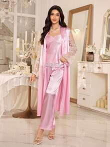 LuxeNights 3pcs Set: Embroidered Trim Faux Silk Camisole, Pants And Robe Sleepwear Set - Pink - View 1