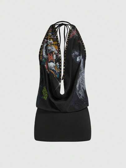 ROMWE Grunge Punk 复古虎纹艺伎印花性感露背吊带迷你连衣裙