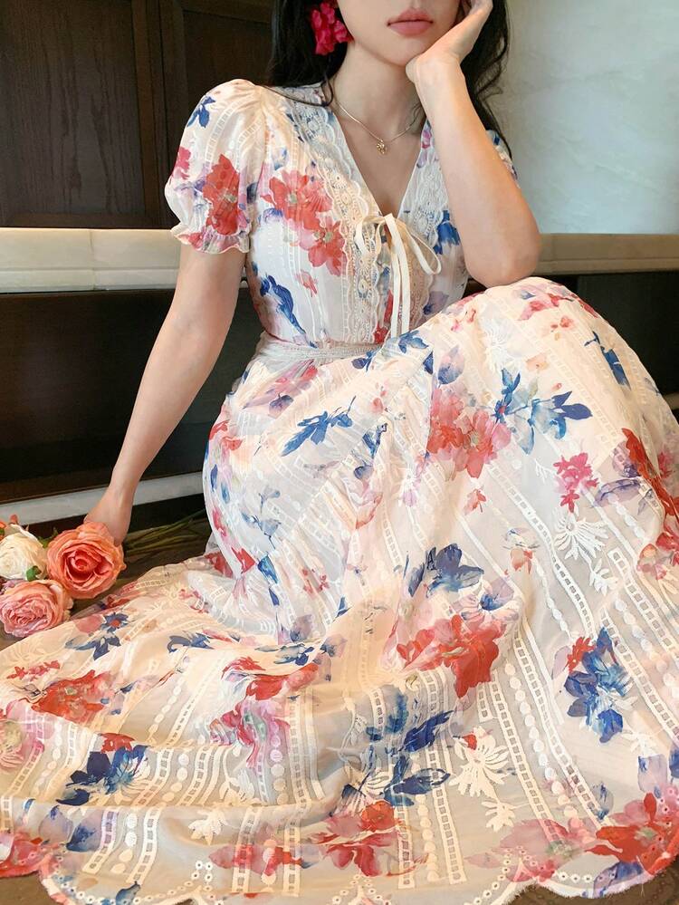 Women's Short Petal Sleeve Tie-Dye Contrast Floral Dress Maxi Dress Sundress Boho