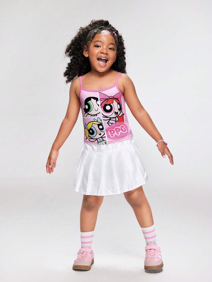 THE POWERPUFF GIRLS X SHEIN 卡通印花休闲吊带背心，适合年轻女孩 - 粉色 - 查看 1