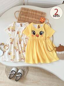 Playful Pals 2pcs/Set Baby GirlCute Duck & Chick Print Short Sleeve A-Line Dress, Suitable For Spring/Summer Outings, Photoshoots Or Everyday Wear - Multicolor - View 4