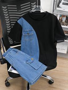 SHEIN Little Byeori 青少年男童休闲时尚牛仔拼接T恤搭配牛仔短裤，适合春夏日常穿着 - 黑色 - 查看 4