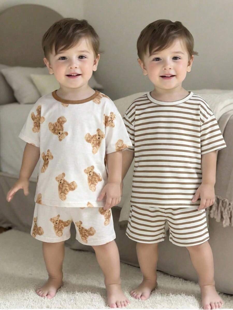 SHEIN Bộ 4 món hình gấu bông, gấu nâu, sọc, thoáng khí, mát mẻ, mềm mại, êm ái cho bé trai, đồ ngủ rộng rãi thoải mái, phù hợp cho mùa hè. Bộ đồ ngủ mùa hè cho bé trai, bộ đồ ngủ hình gấu cho bé trai. - Nhiều màu - Xem 1