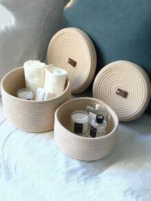 1PC Cotton Rope Storage Basket With Lid Handwoven Jute Round Multipurpose Organizer For Desk Toys Cosmetics Natural Home Decor Gift For Women Friends - Beige - View 7