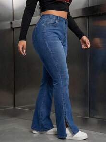 Women's Flared Jeans In Plus Size, With Stone Wash And Side Slit, Comfortable Urban Style - Blue - View 3