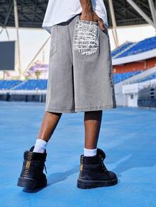 EVRINFINITE 男士休闲牛仔5英寸刺绣印花短裤，夏季时尚 - 灰色 - 查看 7