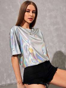 Manfinity Unisex 1 Stück Oversized holografisches T-Shirt mit Dropped Shoulder - Silber - Übersicht 4