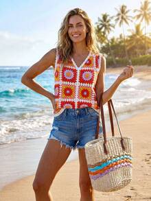 Sylviya 女士V领钩针无袖休闲度假针织上衣，夏季上衣，海滩度假，海滩假期 - 彩色 - 查看 5