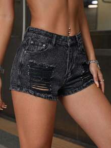 SHEIN ICON Women's Casual Distressed Denim Shorts With Pockets - Black - View 1