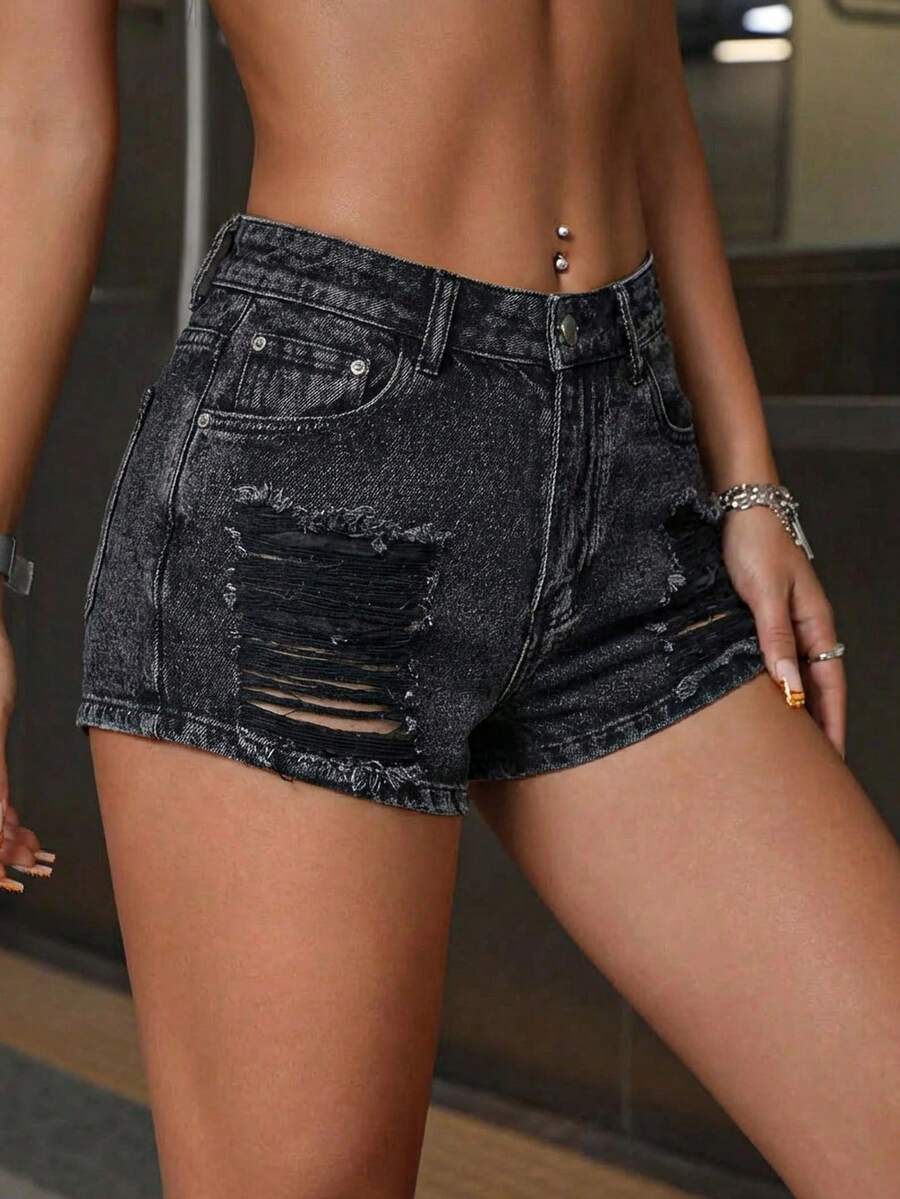 SHEIN ICON Women's Casual Distressed Denim Shorts With Pockets - Black - View 1