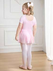 3pcs/Set Girls Pink Elastic Knit Skin-Friendly Bodysuit, Girls Pink Tulle Skirt, Girls White Skin-Friendly Elastic Tights, Soft Fabric Suitable For Ballet, Gymnastics, Daily Wear, Outings, Parties And Other Occasions - Pink - View 3