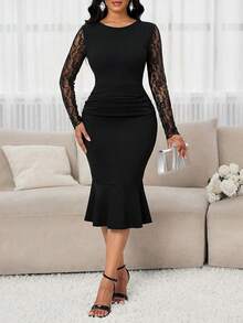 SHEIN Lady Đầm dài tay cổ tròn phối ren tương phản, dáng đuôi cá, thanh lịch dành cho nữ. - màu đen - Xem 8