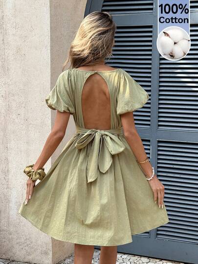 Serisse Women's Casual Solid Color Backless Petal Sleeve Short Dress, Summer,100% Cotton French Backless Bow Tie Dress,Green Dress,Lightweight Puffy Sleeve Cinched Waist A-Line Dress New Summer Style,Jacquard Pure Cotton Fabric,Summer Holiday Outfits,Summer Dresses For Women,Vacation Outfits For Women,Beach Vacation Outfits For Women,Graduation Dress For Women, Ceremony Dress,Casual Dress