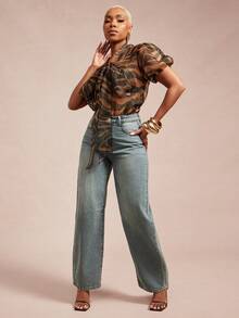 Vixey Animal Print Sheer Organza Puff Short Sleeve Bow Top - Multicolor - View 4