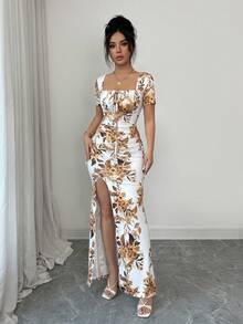 Rafferiza Women's Summer Short Sleeve Dress, Digital Printed Vacation Dress, Beach Holiday Dress With Slit Hem, Waist Ruched Long Dress - Yellow - View 3