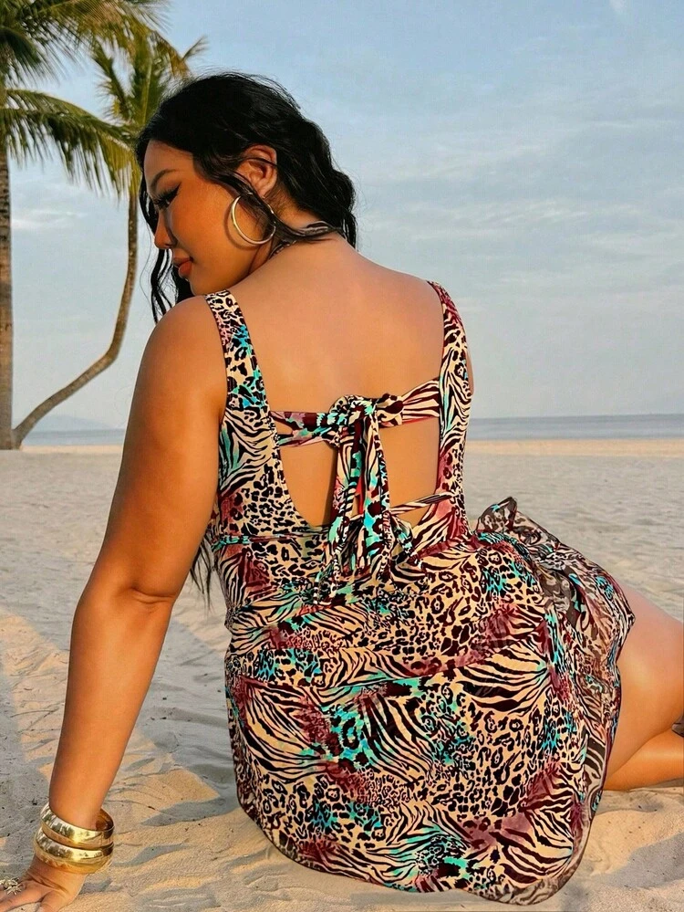 Swim SXY Plus Size Women 1-Piece Leopard Print Full Coverage Random Pattern Sexy Swimsuit - Multicolor - View 2