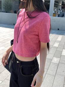 Strévra Women's Round Neck Striped Cropped Loose Short Sleeve Tie-Dye T-Shirt Summer - Pink - View 4