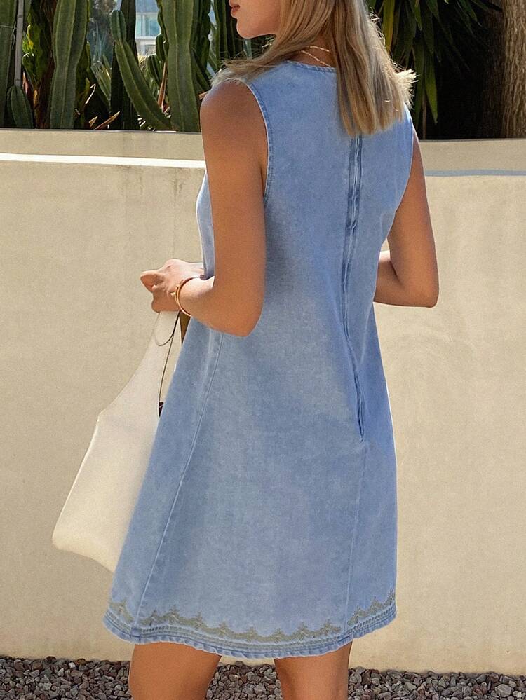 Embroidered Floral Trim Sleeveless Round Neck Short Casual Denim Dress For Women, Summer Holiday