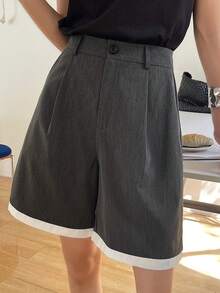 DAZY Patchwork Contrast Color Trim Straight Leg Bermuda Shorts, Casual Summer Shorts For Women Office Grey School - Grey - View 6