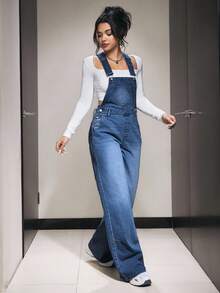 SHEIN PETITE Women's Casual Washed Loose Denim Bib Pants - Medium Wash - View 4