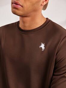 Driftmere Men's Casual Everyday Commute Minimalist Horseback Riding Print Fitted Crew Neck Sweatshirt, Spring/Autumn - Brown - View 8