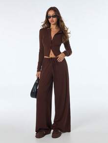 SHEIN ICON Women's Brown Going Out Solid Color Drawstring Waist Casual Versatile Wide Leg Pants For Daily Wear,Summer - Brown - View 4