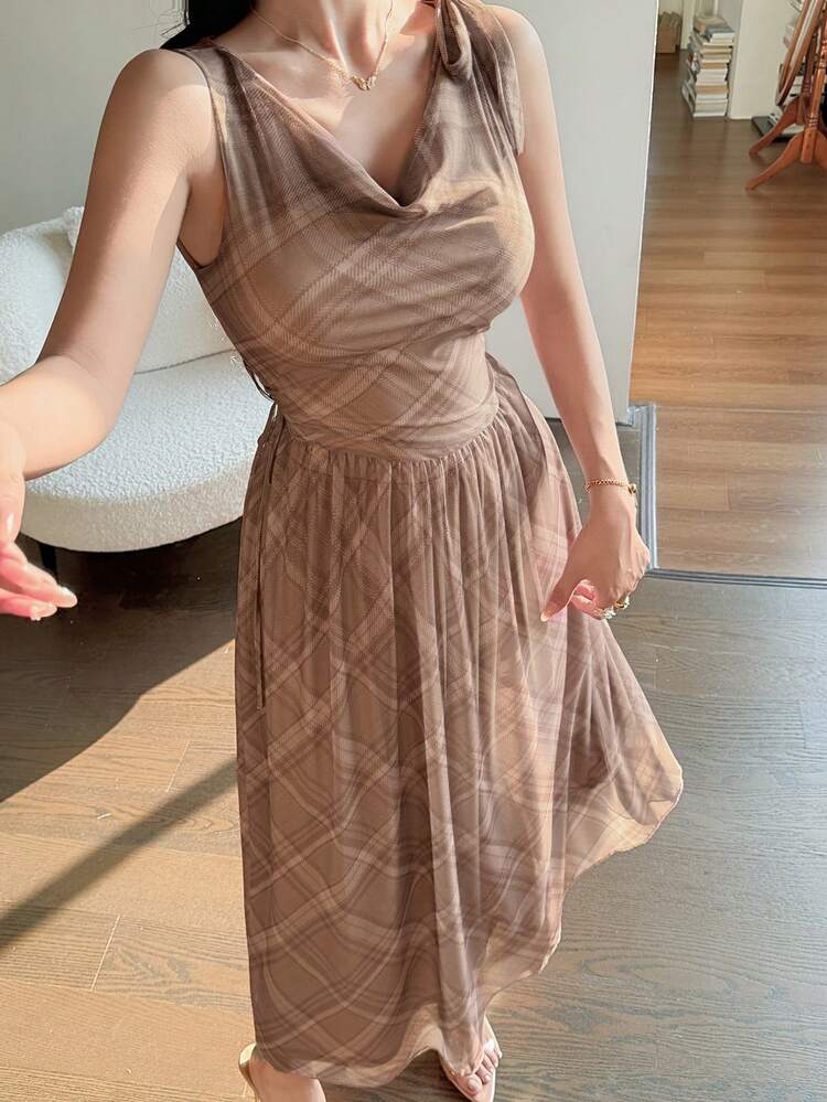 Women's Elegant Plaid Draped Neck Waist Cinched Long Dress, Summer Sundress