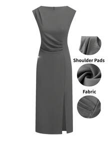 Ellevyn Women's Solid Color Pleated Elegant Waist-Cinched Mid-Length Dress, Suitable For Daily Office Wear Office Siren Outfits - Grey - View 2