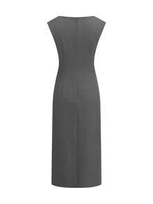 Ellevyn Women's Solid Color Pleated Elegant Waist-Cinched Mid-Length Dress, Suitable For Daily Office Wear Office Siren Outfits - Grey - View 3