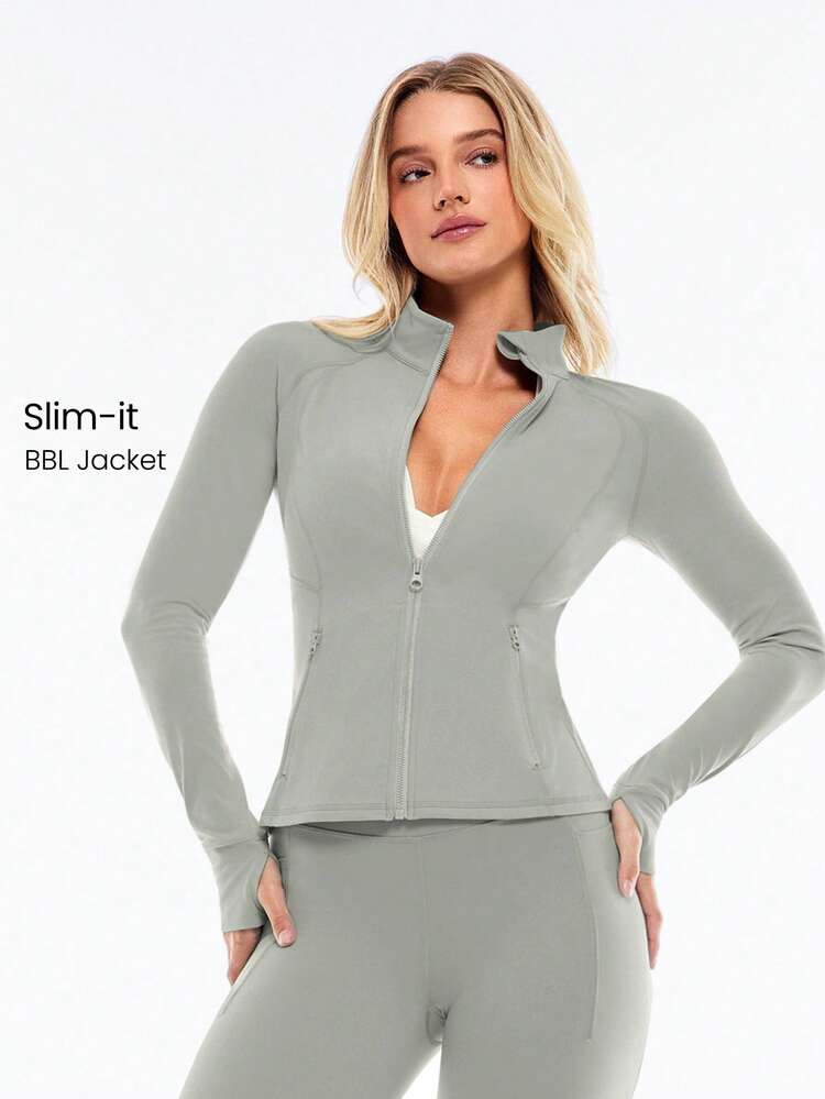 FeatherFit™ Slim-It Streamline Performance Secure Pockets Zip Up Long Sleeve Jacket Low Impact Yoga Pilates Daily Spring Summer