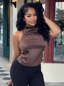 Alexandranx Women's New Turtleneck Open Back Tie Hem Brown Tank Top For Autumn/Winter Party & Evening - Brown - View 6