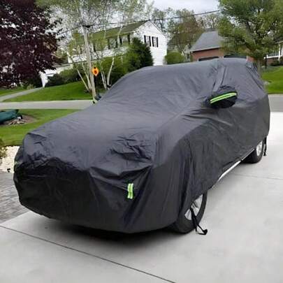 Funda para coche SUV impermeable para exteriores, protección contra todo tipo de clima, sol, escarcha y nieve, apta para SUV y vehículos de exterior - a prueba de nieve, lluvia y protección UV, a prueba de polvo - Funda premium de Body completo con bandas reflectantes y a prueba de viento, funda para coche totalmente negra con bandas reflectantes de poliéster para protección contra la lluvia, el polvo y el sol.