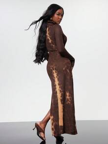 NYA SZN 长袖高领猎豹纹棕色修身针织连衣裙，适合节日、冬季假日、圣诞节、新年夜、外出派对、活动、特殊场合、婚礼等场合，女士穿着 - 彩色 - 查看 2